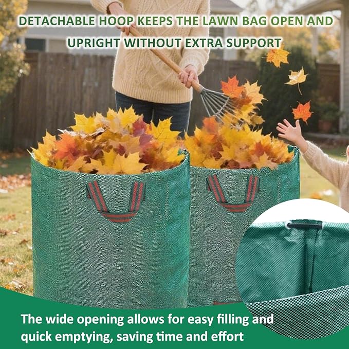 Hugeleaf Reusable Leaf Bags 42 Gallon with Reinforced Handles, 3 Pack Collapsible Lawn Bags with Plastic Hoops, Stand Up Yard Waste Bin for Leaves, Lawn Debris Collection
