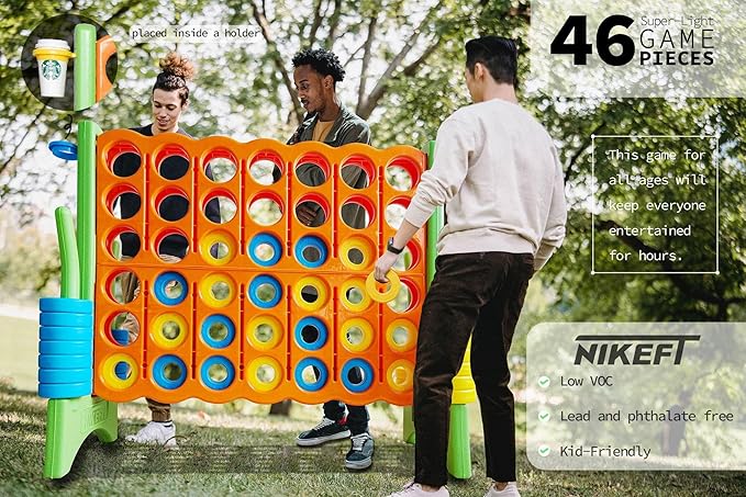 Oversized 4 in a Row Connect Game+Waterproof Carry Bag,Included-4 ft X 3.5 ft Tall,4-to-Score Jumbo with 44 Pieces Rings&Drink Holder,48” Super Size-Indoor&Outdoor Giant 4 Game for Kids&Adults