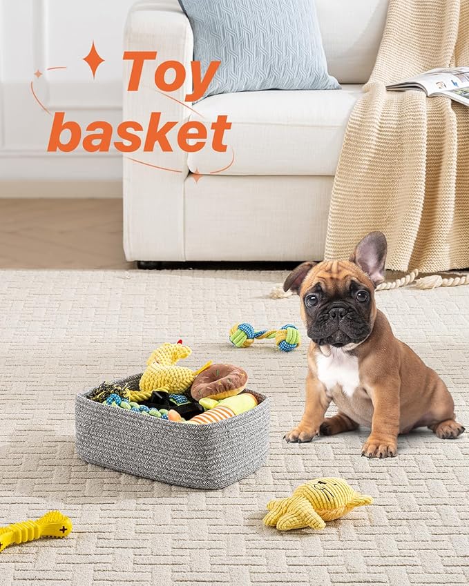 KALLAX Small Woven Basket, 12 x 8 x 4.5 Inches, Storage Basket for Organizing, Cute Small Rope Shelf Closet Cube Storage Bins Baskets for Shelves, Dog Toy Gift Baskets Empty, 3 Packs, Mixed Grey