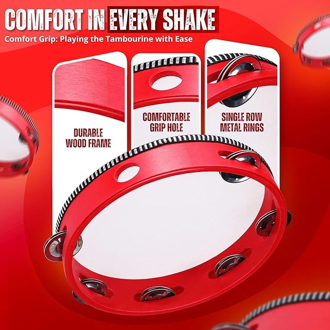Flexzion Wooden Round Tambourine for Kids and Adults 10" Inch Single Row 8 Pair Jingles, Red Handheld Percussion Instrument for Beginner and Professional Tambourine Player