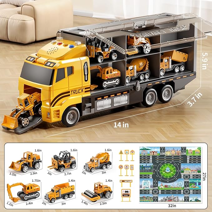 Toddler Boys Construction Truck Vehicle Toy Set with Play Mat and Die-Cast Toy Car, Transport Carrier Truck for Kids 3-5, Birthday Gifts Toys for 3-8 Year Old Boys