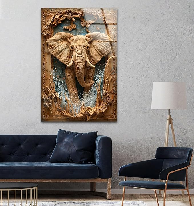 My Photostation.com Round 31,5'' Elephant Carving Glass Wall Art Tempered Glass Printing Wall Decor Large Wall Art Wall Hangings