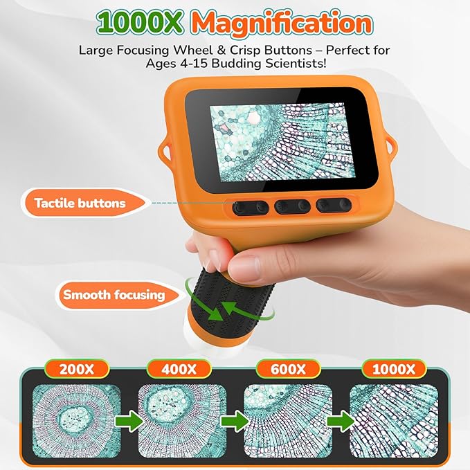 3" Screen Digital Microscope for Kids: 1000X Rechargeable Mini Pocket Portable Miniscope Magnifying Glass 4K Coin Jewelry Loupe Edu Science STEM Toy Xmas Gift 4-12 Boys Girls
