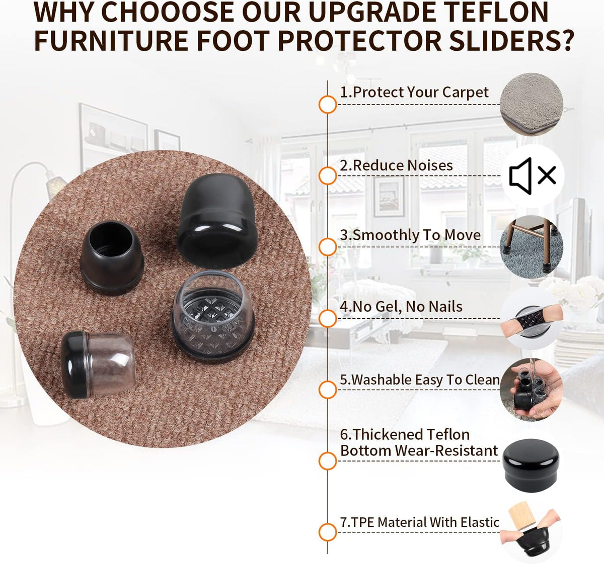 Ezprotekt 24 Pcs Black Chair Leg Sliders for Carpet, Round Teflon Furniture Glides for Rug, Carpet Sliders Protectors Caps for Couch, Dining Table Chair, Bar Stool Legs (L Fit: 1-1/10" to 1-3/10")