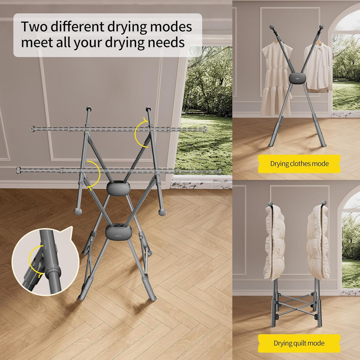 BIREN Clothes Drying Rack Heavy Duty Clothing Racks Extending Laundry Rack Two Drying Modes Garment Racks for Drying Clothes, Adjustable Length from 32-55 Inches for Indoor Outdoor Use