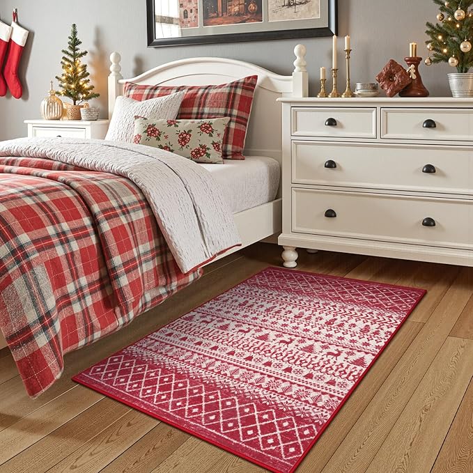 2025 Christmas Door Mat, 2x3 Small Red Rugs for Entryway, Low Pile Xmas Kitchen Rugs Non Slip Washable, Thin Bathroom Rugs Fit Under Door, Winter Holiday Accent Rug for Entry Bedroom