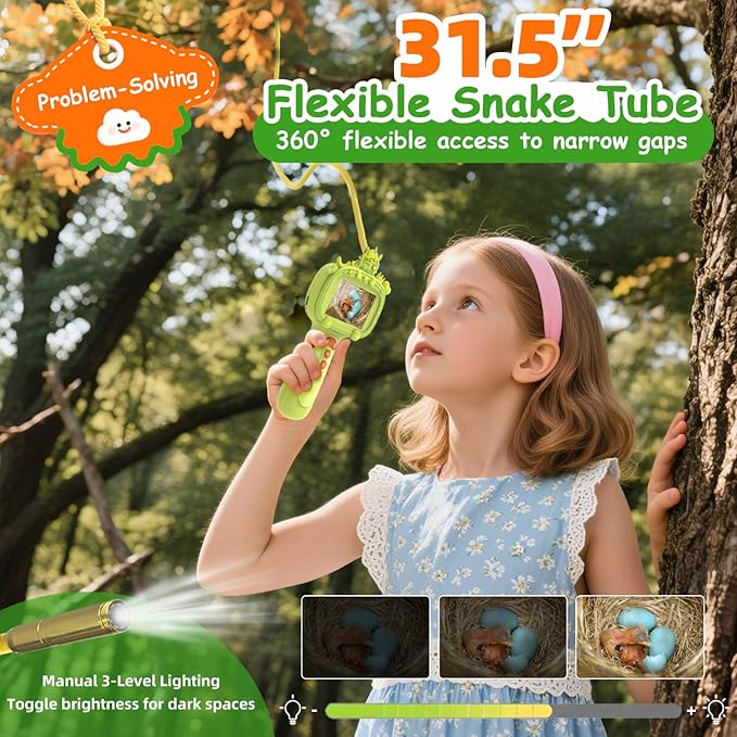 Borescope Snake Camera Endoscope with Light & Flexible Tube for Kids - Educational STEM Science Toy for Boys & Girls Ages 3-10, Birthday for Nature Exploration - Green