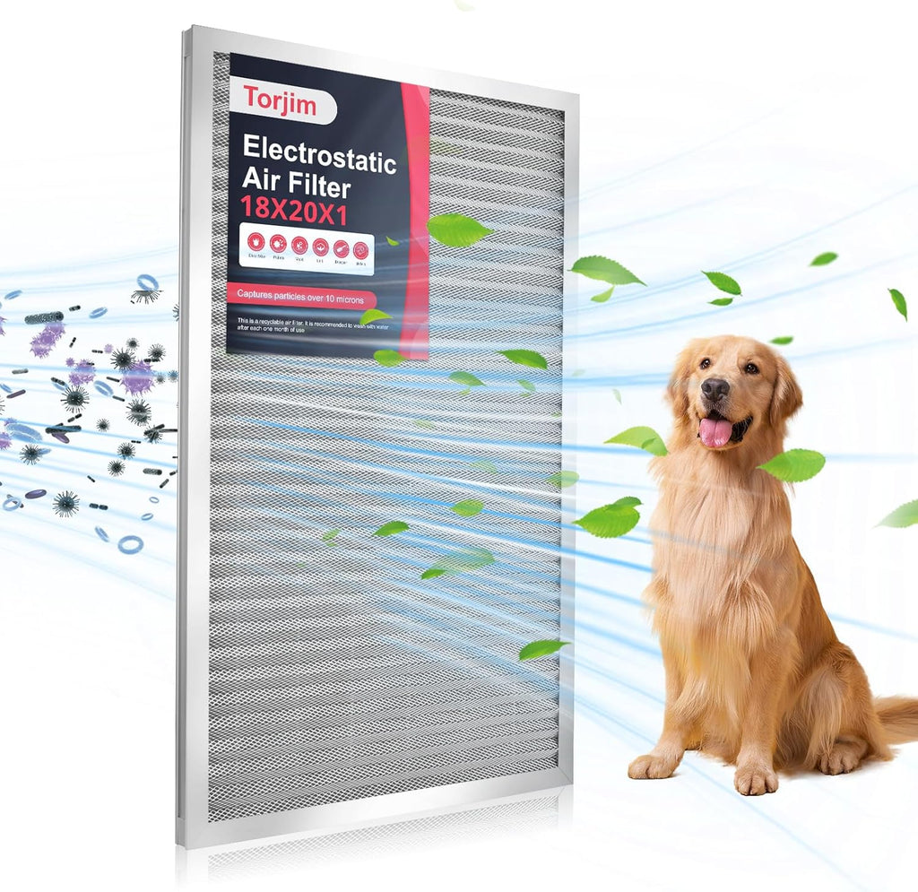 Torjim 18x20x1 MERV8 Washable Electrostatic Air Filter - AC/HVAC Furnace Filter, Permanent, Easy Install