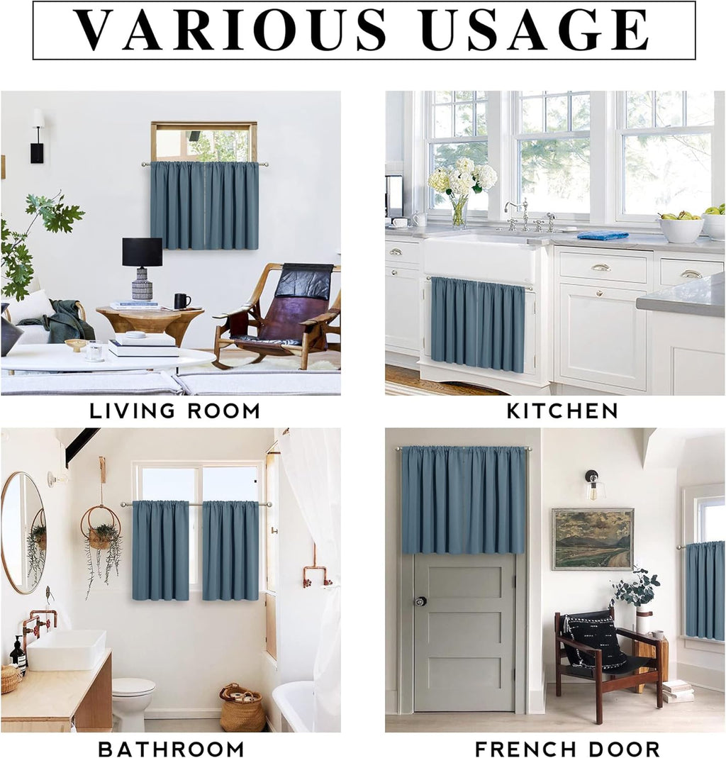 RYB HOME Small Curtains Blackout - Privacy Energy Efficiency Mini Curtains for Kids Bedroom RV Camper Windows Trailer Bathroom Kitchen Cabinet Door Window, W 29 x L 36, Slate Blue, 2 Panels