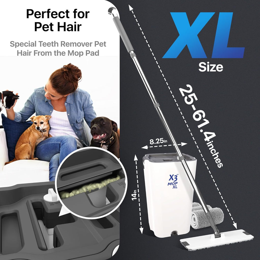 X3 Mop XL, Separates Dirty and Clean Water, 3-Chamber Design, Flat Mop and Bucket Set, Hands Free Home Floor Cleaning, 3 Reusable Microfiber Mop Pads Included