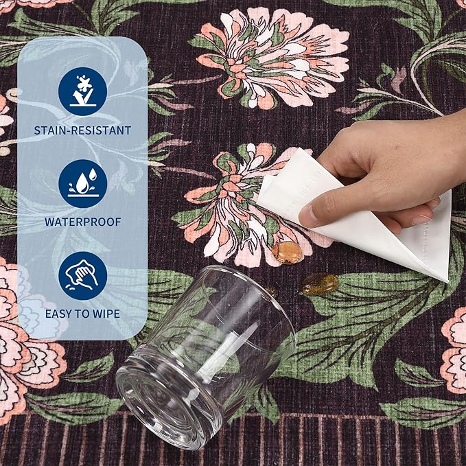 GarveeHome Plum Pink Floral Botanical 2x6 Washable Kitchen Runner Rugs Non Slip Black Purple Vintage Boho Cottage Long Rug for Hallways Bedroom Entryway Bathroom Mat with Rubber Back