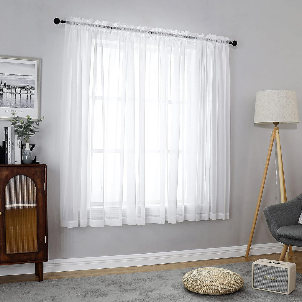 Chyhomenyc White Sheer Curtains 63 Inch Length 2 Panels Set, Light Filtering Rod Pocket Window Curtain Treatment Drapes for Bedroom Living Room, Each 42Wx63L, Set of 2, White