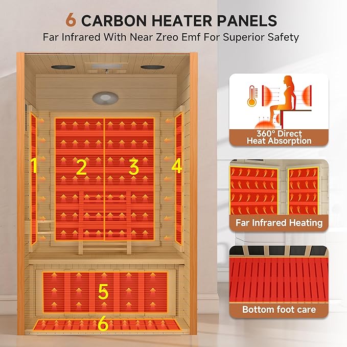 springspa Far Infrared Sauna for Home, Home Indoor Infrared Sauna for 2-Person, Canadian Hemlock Wood Sauna Room with Low Emf Red Light Therapy, 9 Chromotherapy Lights, Bluetooth Speakers