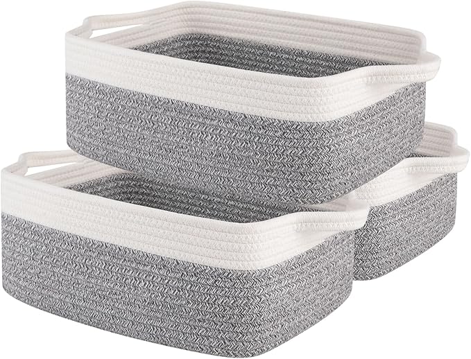 OIAHOMY 3 Pack Storage Baskets for Organizing, Woven Cotton Rope Basket for Shelves, Closet Organizer Bins with Handles, Rectangle Toy Organization, 13.78''×9.84''×5.5'', Grey & White