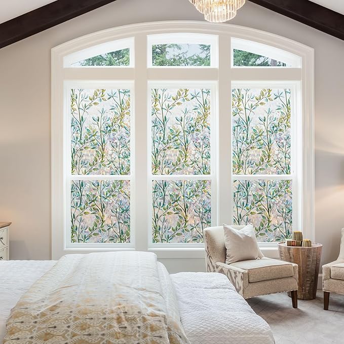 NINETREX Stained Glass Window Film 3D Decorative Cling, Sun Blocking Static Cling Removable Film for Glass Door, Home Decor Window Cover Non-Adhesive 45.2 x 78.7 inches, Leaf