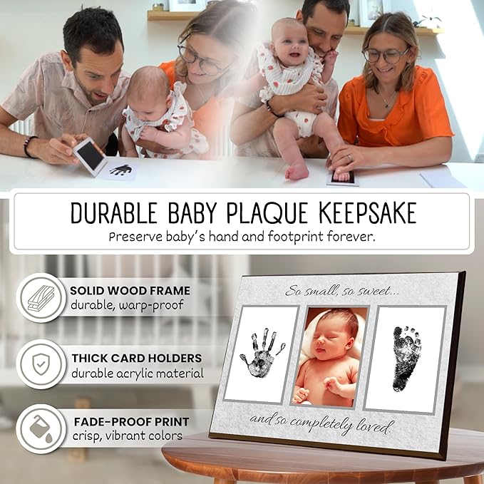 Baby Hand and Footprint Kit with Photo & Birth Details, Inkless Hand and Footprint Kit, Newborn Keepsake Plaque, Baby Shower Gifts (STYLE 2 (Baby Shower) (So Small, So Sweet))
