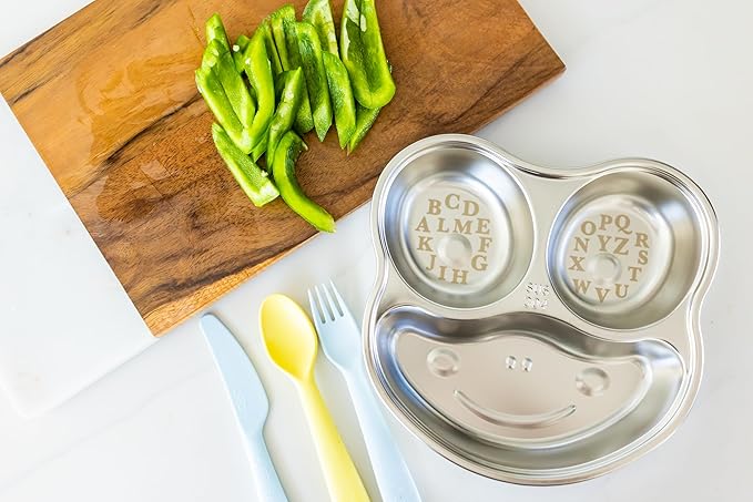 Stainless Steel Plates for Kids, Toddler Plate, Non Toxic Baby Dinnerware, BPA-Free Feeding Tray, Durable, Easy to Clean, Compatible with Dishwasher, Freezer, Microwave