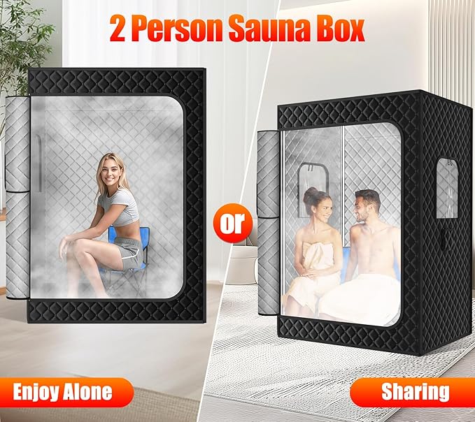 2 Person Sauna, Extra Large Sauna Box, Portable Steam Sauna Tent with 2 Steamers, 2 Folding Chair, 71”x 49”x 36”, Black