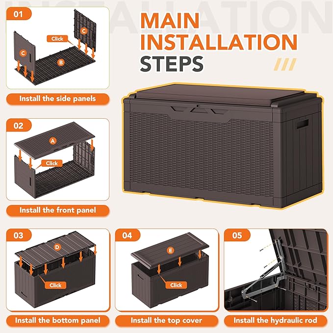 110 Gallon Deck Box Outdoor Indoor Waterproof Storage Box for Patio Furniture, Pool Accessories, Garden Tools, and Cushion Storage, Brown