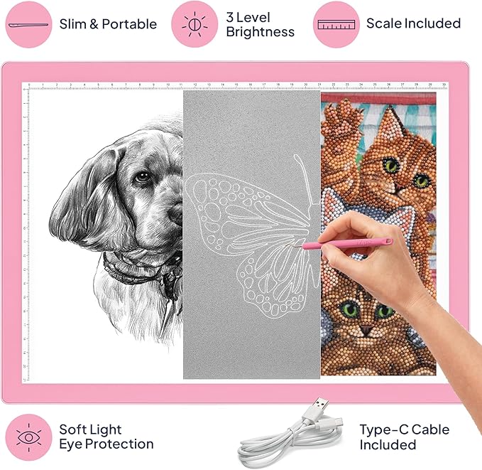 iVyne Corded Light Pad for Weeding Vinyl - A4 Light Box for Drawing - Light Board for Tracing - Light Box for Diamond Painting, Weeding Vinyl, Sketching, Tracing (Pink)