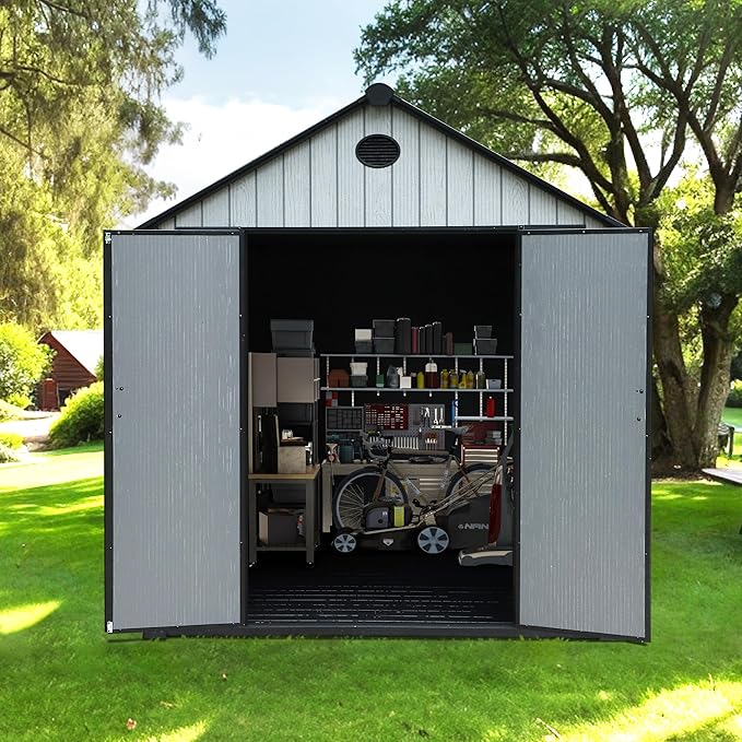 9×7 FT Outdoor Storage Shed, Large Backyard Sheds with Door, All-Weather Plastic Shed with Window, Vents, for Backyard, Patio, Lawn (9×7 FT)