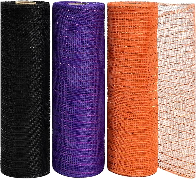 TONIFUL 10 Inch 3 Rolls Black/Orange/Purple Decorative Mesh Ribbons, Fabric Mesh for Tree Home Front Door Wreaths Decorations Supplies, for Halloween Decorations（3 Colors, 10yards/ roll）