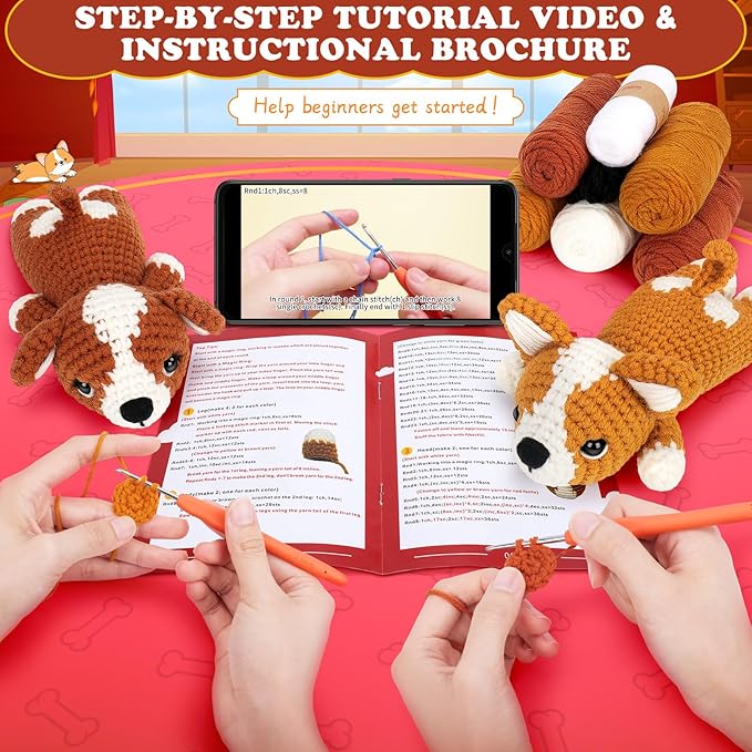 Crochet Kit for Beginners, 2 Adorable Corgi Dog Crochet Animals Kits, Easy Beginner Crochet Kit for Adults & Kids, Women & Men, DIY Craft Knitting Kit with All Supplies
