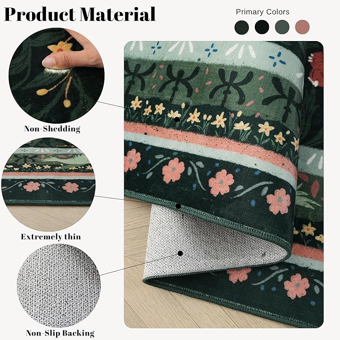 Runners for Kitchen Runner Rug Non Slip 2'x10' Long Washable Rugs with Rubber Backing Soft Vintage Floral Botanical Carpet Runner for Kitchen, Laundry, Bedroom, Bathroom, Green