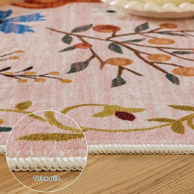 3x5 Area Rug, Floral Pink Washable Rug for Entryway, Non Slip Flower Area Rugs, Soft Low Pile Indoor Doormat Small Carpet, Rugs for Living Room Bedroom Nursery Kitchen Dining Room, Pink/Beige