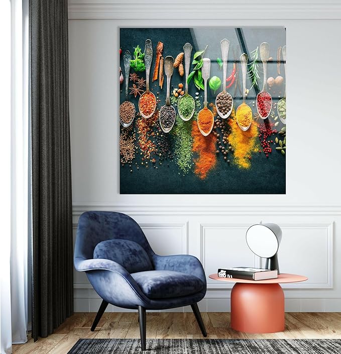 My Photostation.com 20Wx14H'' Spoon Spices Glass Wall ArtTempered Glass Printing Wall Decor Large Wall Art Wall Hangings