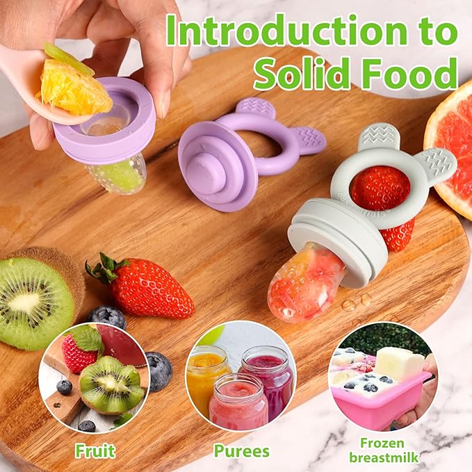 Bessentials Baby Fresh Fruit Food Feeder - 2 Pack Silicone Baby Mesh Feeders for Infant Safe Self Feeding |3 Sizes Food Pouches Included| Suitable for Baby 4m+（ Purple+Misty Green）