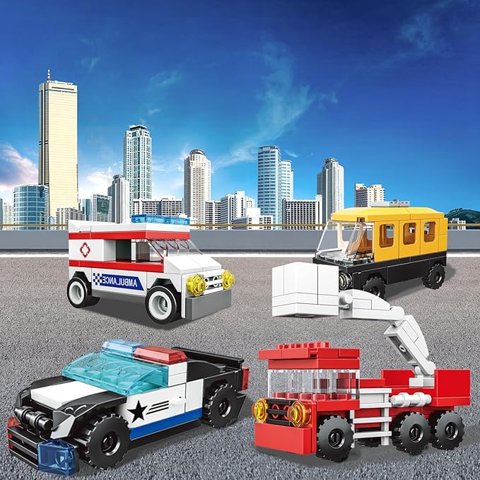 16 Pack Building Blocks Party Favors for Kids, 2 in 1 710pcs Creative Building Kits Mini City Vehicles include Police Car & Train, Christmas Toy Gifts Goodie Bag Fillers Stuffers for Boys Girls Kids