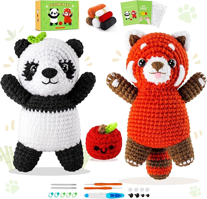 Crochet Kit for Beginners - 2PCS White and Red Panda Crochet Animal Kit with Step-by-Step Video Tutorials, Apple Crocheting Kit, Crochet Starter Kit for Kids and Adults, Beginners Knitting Kit