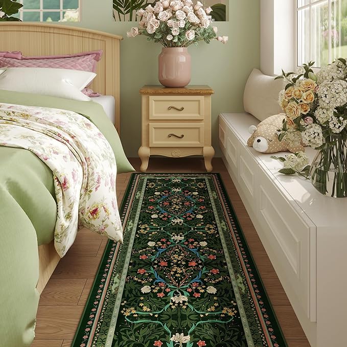 Runners for Kitchen Runner Rug Non Slip 2'x10' Long Washable Rugs with Rubber Backing Soft Vintage Floral Botanical Carpet Runner for Kitchen, Laundry, Bedroom, Bathroom, Green