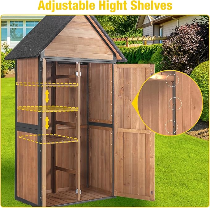 Outdoor Storage Shed,Vertical Wooden Tool Shed with Waterproof Roof,Adjustable 3 Tiers Shelves,Storage Tool Cabinet Box with Metal Frame Sloped Roof for Backyard Garden Patio Lawn (Brown)