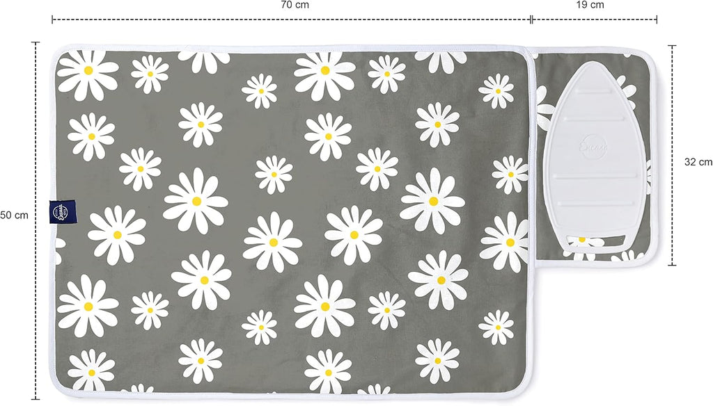 Encasa Homes Ironing Mat/Pad (Small 28"x20") with 3mm Padding & Silicone Iron Rest for Steam Pressing on Tabletop or Bed - Heat Resistant, Portable, Quilting & Travel Blanket - Daisy Grey
