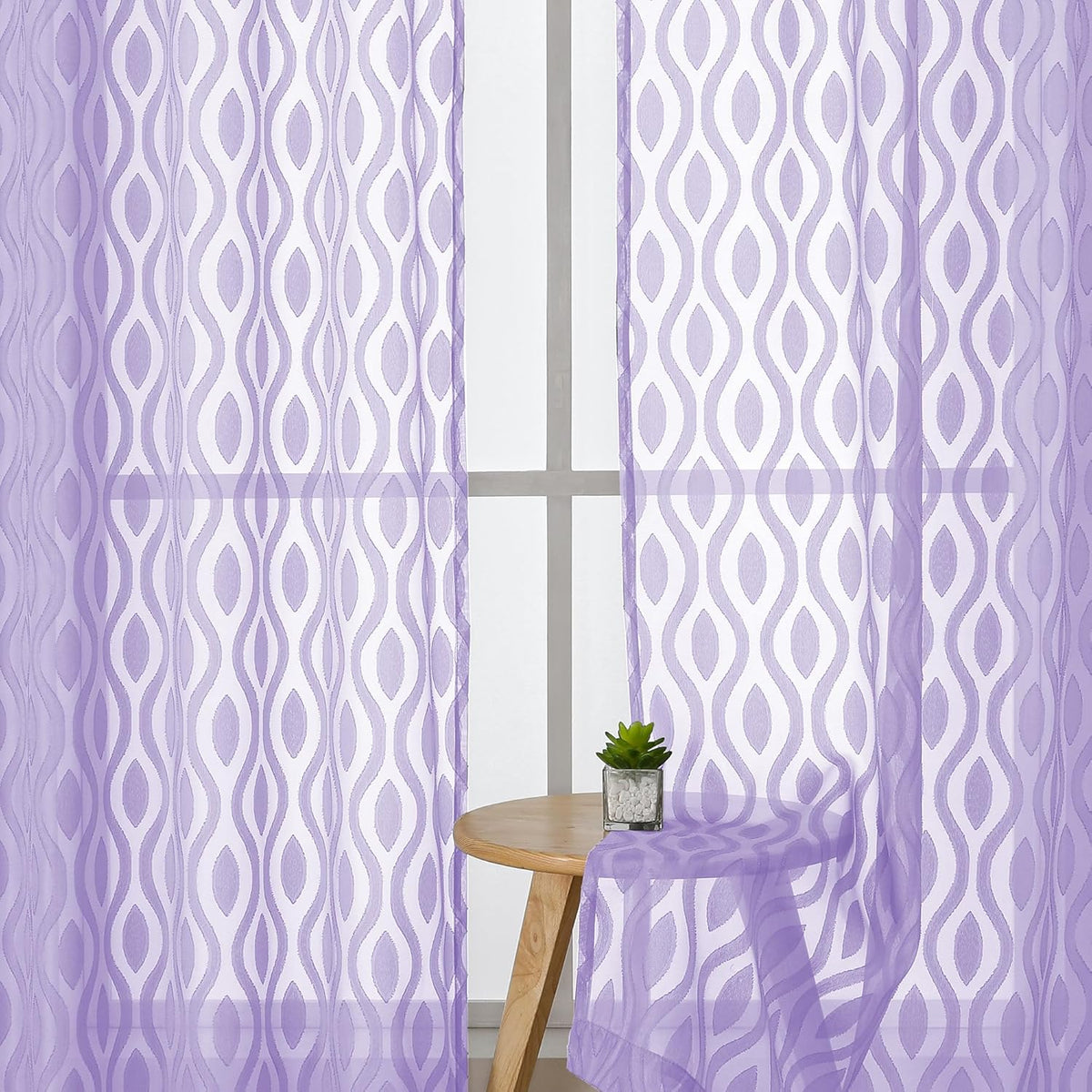 Aiyufeng Purple Sheer Curtains 84 Inch Length 2 Panels, Solid Lightweight Clip Jacquard Light Filtering for Bedroom Living Room, Modern Wavy Line Rod Pocket, Total 80 Inches Width