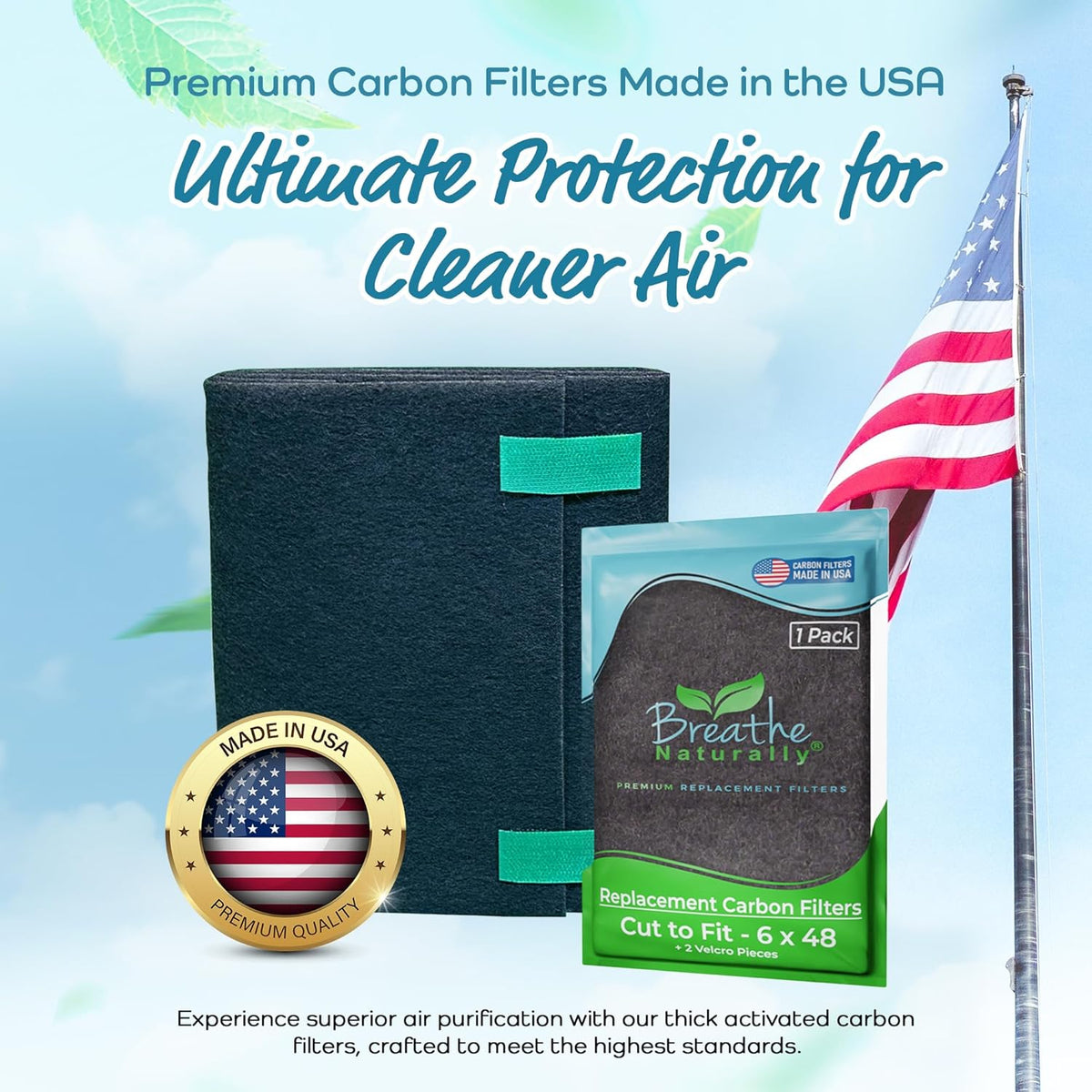 Breathe Naturally Universal Cut To Fit Carbon Activated Air Filter - Replacement Charcoal Filters - Pre Filter Carbon Sheet for Air Purifier, Vent Filters & More - Made in USA (Pack of 1, 6x48)