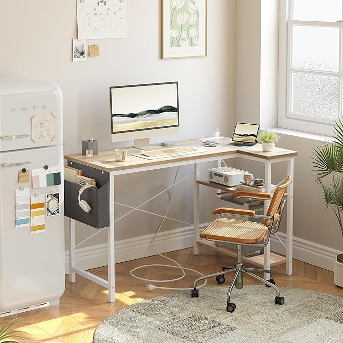 TIQLAB L Shaped Computer Desk with Power Outlets, 40 Inch Small Corner Desk with Reversible Shelves, Gaming Desk Computer Table Study Writing Table for Home Office Bedroom Small Space, Maple