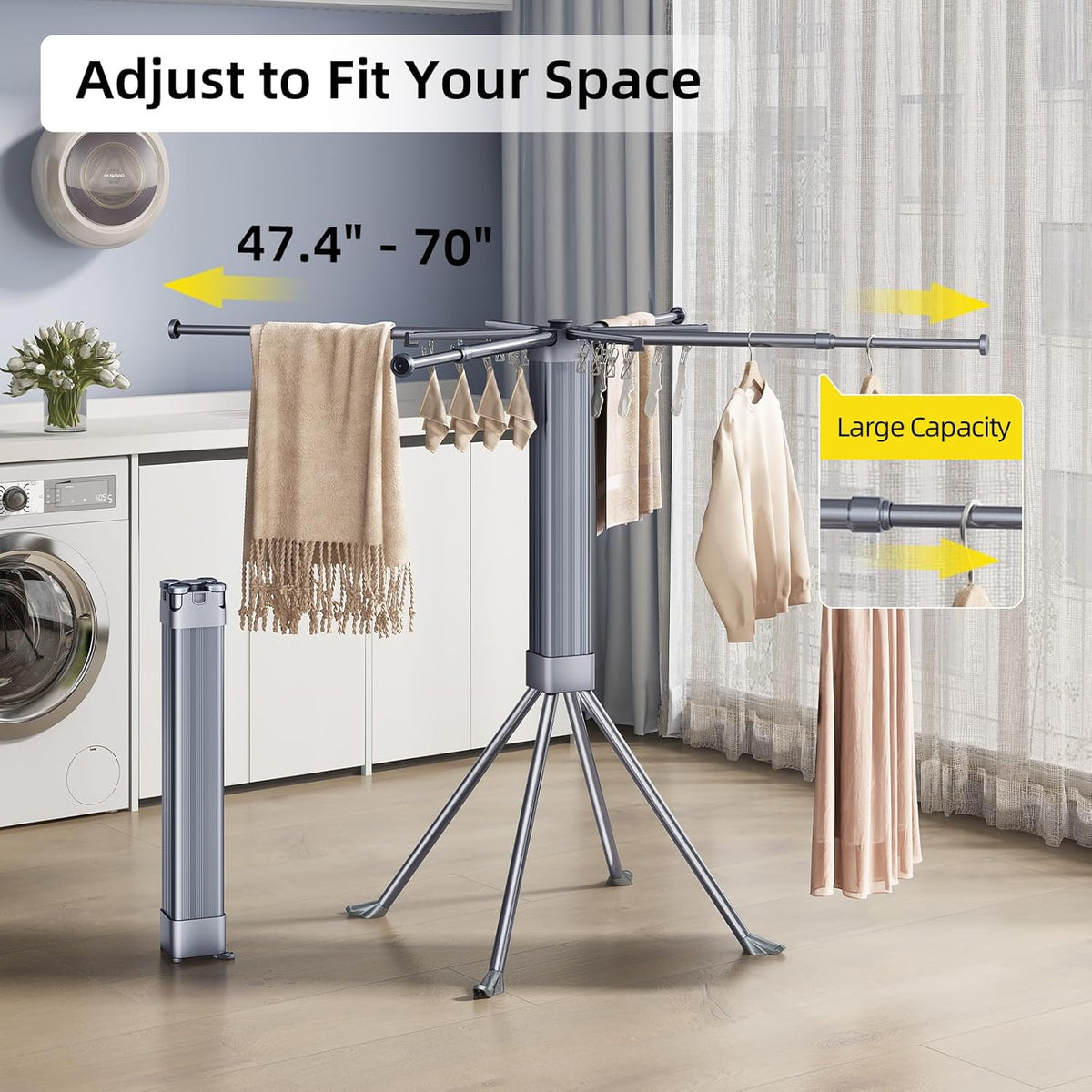 BIREN Clothes Drying Rack Foldable Extending Laundry Rack with 16 Clips Collapsible Clothing Rack Space-Saving Clothing Racks for Hanging Clothes, Indoor, Camping, Balcony, Outdoor