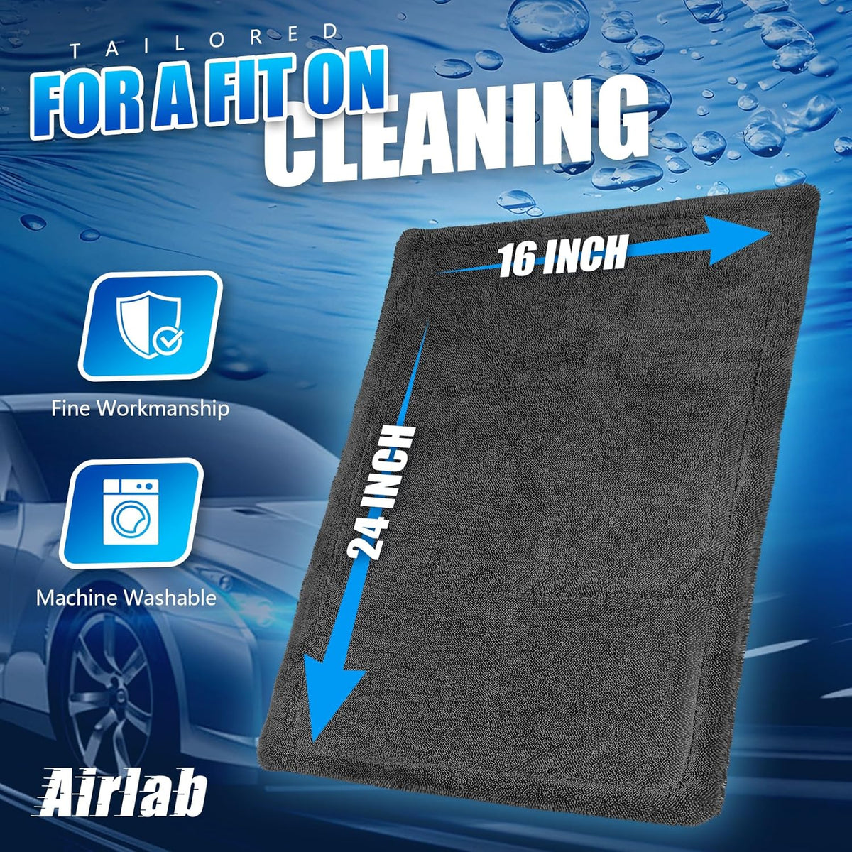 Airlab Car Drying Towel Microfiber Towels for Cars 1200 GSM Wash Auto Detailing Supplies Twist Pile Cleaning Cloth Absorbent Quick Dry Soft Loop Dry Flash Towel, 24 x 16 Inch, Pack of 1, Grey