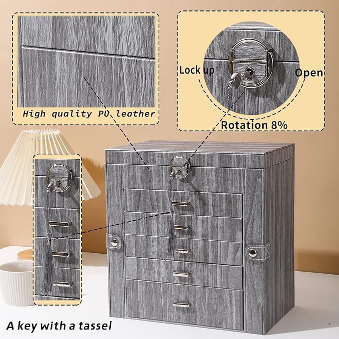 BOOVO Jewelry Box For women, 6 Layer Large Jewelry Organizer With Mirror, Accessory Holder With 5 Drawers, For Earrings Necklace Ring Bracelet (woodgrain grey)
