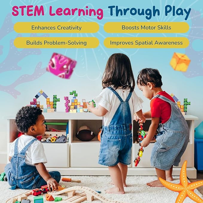 49PCS Mini Magnetic Blocks Ocean Theme – Sea Life STEM Building Cubes, Educational Magnet Toy with Iron Box, Creative & Safe Travel Gift for Kids Ages 3–8, Boys & Girls