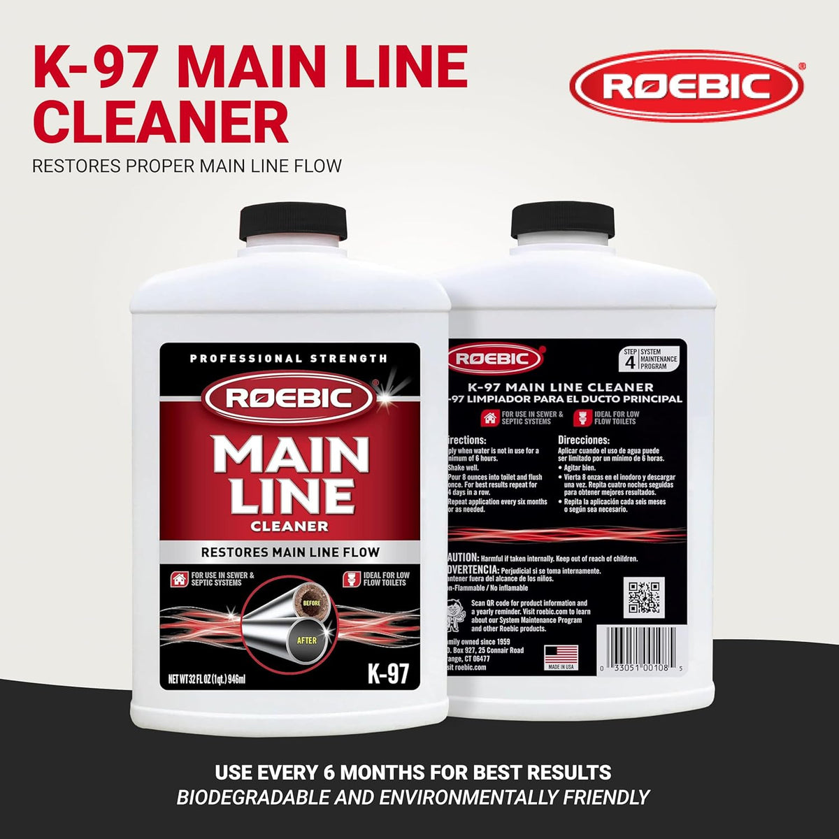 Roebic K-97 Liquid Main Line Cleaner with Bacteria Enzymes, Eliminates Organic Buildup in Sewer/Septic System and Protects from Clogs, Safe for Bathroom Toilet, 32 fl oz