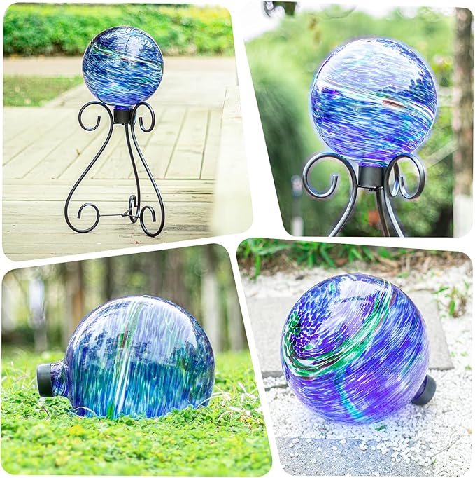 VCUTEKA Glass Outdoor Gazing Globe, Blue and Green Hand Painted Swirled Sphere for Patio Garden Gazing Ball Yard Ornament, 10 Inch