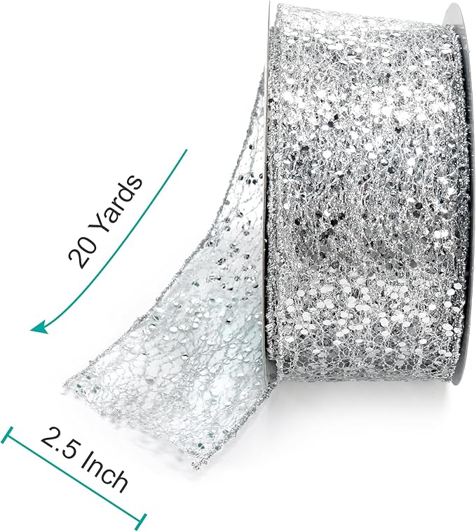 CT CRAFT LLC Sparkling Glitter Mesh Wired Ribbon 2.5" x 20 Yards Silver for Christmas Home Decor Bow Gift Wrapping DIY Crafts Wreath