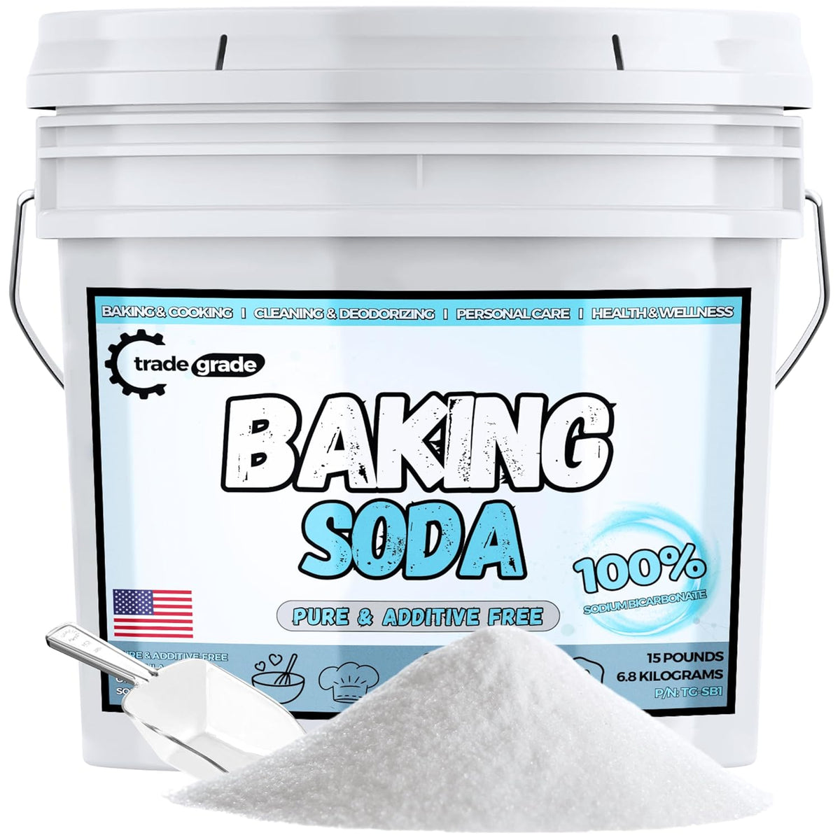 TradeGrade Pure Baking Soda Powder – 15 lb Bucket, Sodium Bicarbonate Powder | Premium Food-Grade for Baking, Bread, Cookies & More | Baking Soda for Cleaning, Natural Cleaner & Deodorizer