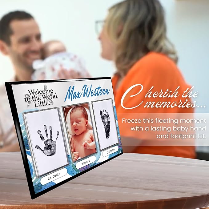 Baby Hand and Footprint Kit with Photo & Birth Details, Inkless Hand and Footprint Kit, Newborn Keepsake Plaque, Baby Shower Gifts (STYLE 1 (Fully Personalized) (Welcome To The World - Baby Boy))
