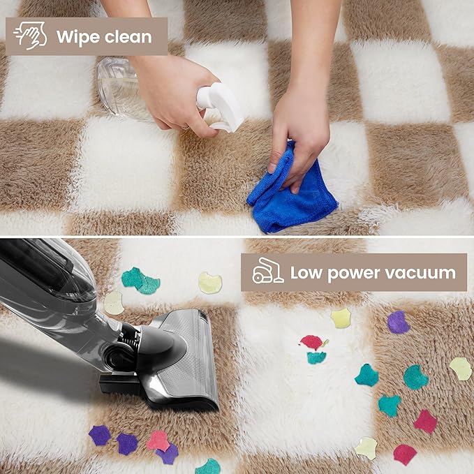 Super Soft Rug for Bedroom, 8x10 Ft Beige and White Area Rug Classic Checkered Shaggy Anti-Skid High Pile Soft Fluffy Rug Fuzzy Carpet for Living Room Bedroom Kids Room Nursery, Dorm Home Decor