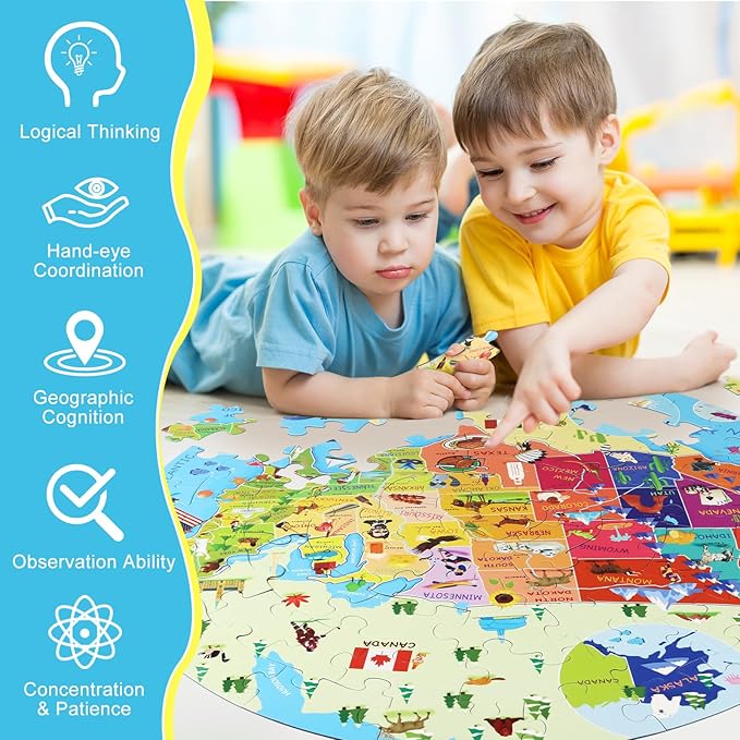 United States Puzzle 70 Pieces USA Map Floor Jigsaw Puzzles for Kids Ages 4-10, Jumbo Round US Geography Puzzle 50 States with Capitals Educational Learning Toys for Boy or Girl